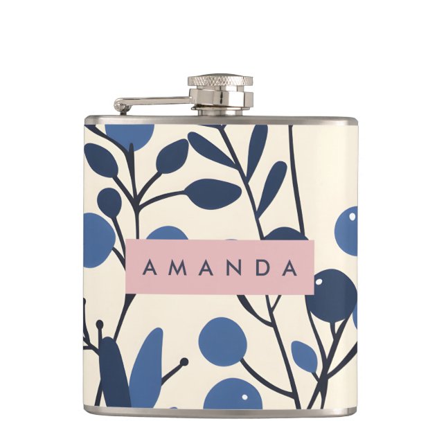 Personalized Blueberry Vine Botanical Style Hip Flask (Front)