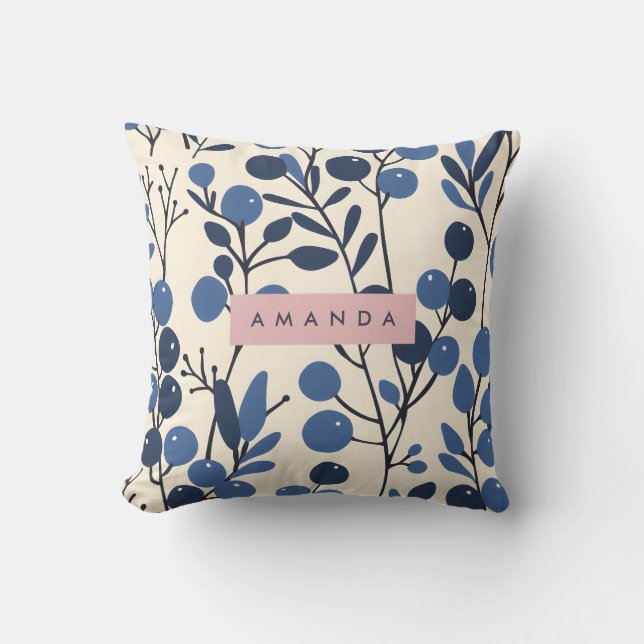 Personalized Blueberry Vine Botanical Style Throw Pillow (Front)