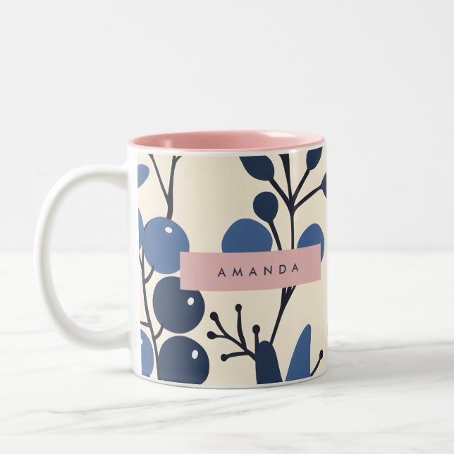 Personalized Blueberry Vine Botanical Style Two-Tone Coffee Mug (Left)