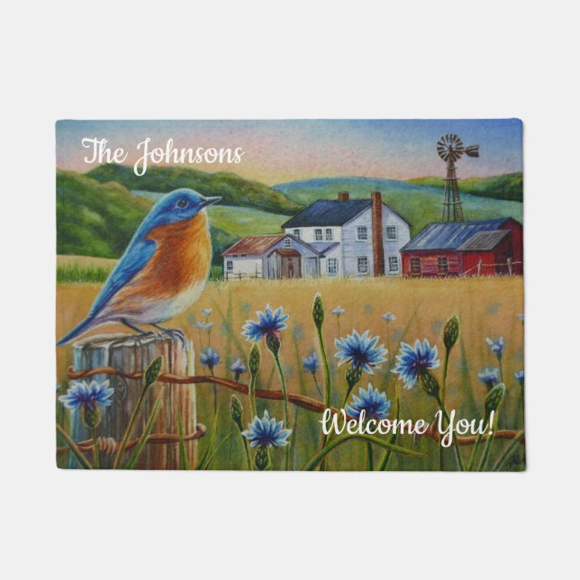 Personalized Bluebird Cornflowers Summer Farm Art  Doormat (Front)