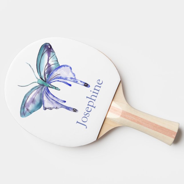 Personalized Bluish Purple Watercolor Butterfly Ping Pong Paddle (Side)
