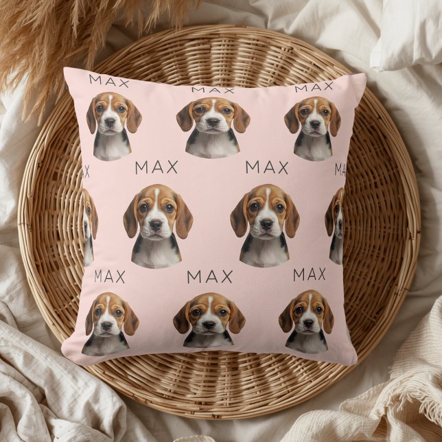 Personalized Blush Dog Photo & Name Pattern Throw Pillow (Creator Uploaded)