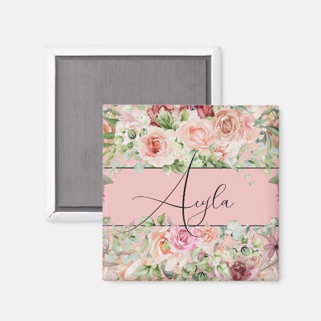 Personalized Blush Floral Border With Roses Magnet (Front/Back)