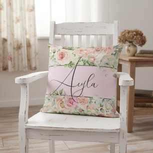 Personalized Blush Floral Border With Roses Throw Pillow