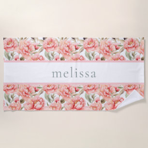 Personalized Blush Floral Cottagecore Beach Towel