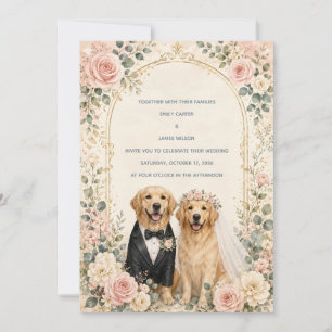 Personalized Blush Floral Golden Retriever Wedding Invitation