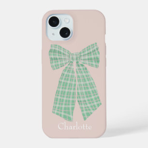 Personalized Blush Gingham Romantic Coquette Bow iPhone 15 Case