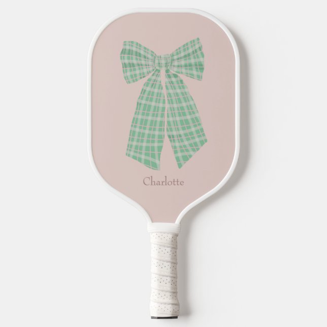 Personalized Blush Gingham Romantic Coquette Bow Pickleball Paddle (Front)