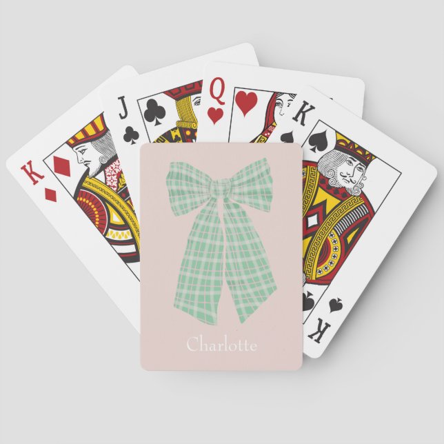 Personalized Blush Gingham Romantic Coquette Bow Playing Cards (Back)