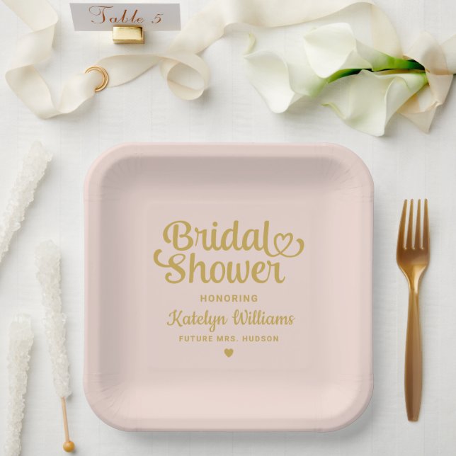 Personalized Blush Gold Wedding Bridal Shower Paper Plate (Wedding)