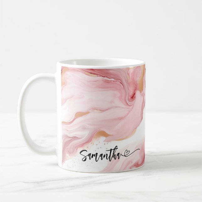 Personalized Blush Marble Flowing Name With Heart Coffee Mug (Left)
