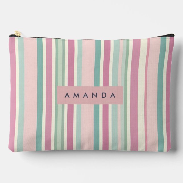 Personalized Blush Mint Pastel Stripes Accessory Pouch (Front)