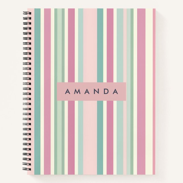 Personalized Blush Mint Pastel Stripes Notebook (Front)