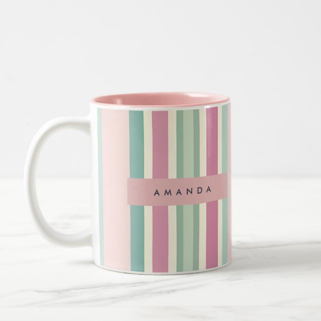 Personalized Blush Mint Pastel Stripes Two-Tone Coffee Mug (Left)