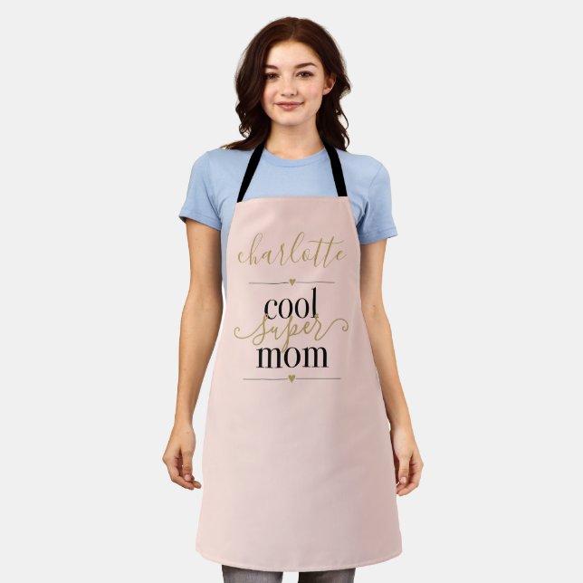 Personalized Blush Pink And Gold Cool Super Mom Apron (Worn)