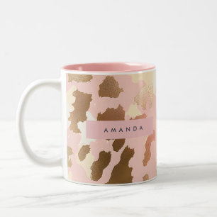 Personalized Blush Pink and Gold Leopard Print Two-Tone Coffee Mug