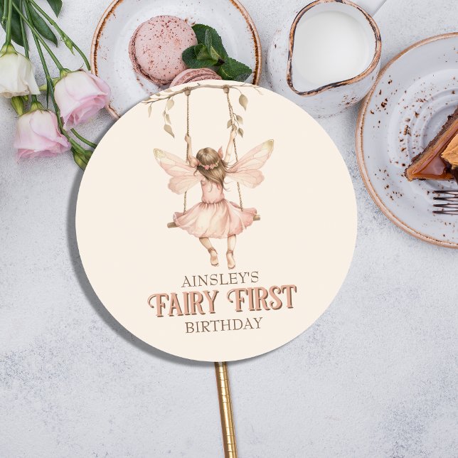 Personalized Blush Pink Fairy First 1st Birthday Classic Round Sticker (Creator Uploaded)