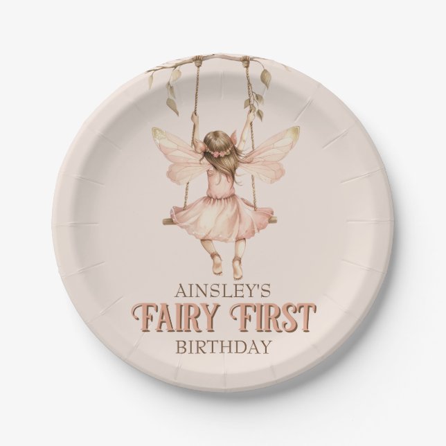 Personalized Blush Pink Fairy First 1st Birthday Paper Plate (Front)