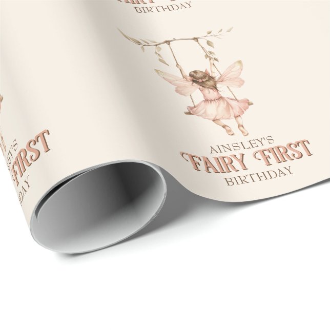 Personalized Blush Pink Fairy First 1st Birthday Wrapping Paper (Roll Corner)