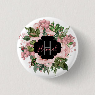 Personalized Blush Pink Floral Bouquet 1 Inch Round Button