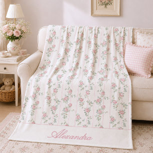 Personalized Blush Pink Floral Rose Fleece Blanket