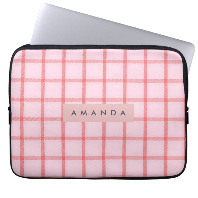 Personalized Blush Pink Gingham Plaid Laptop Sleeve (Front)