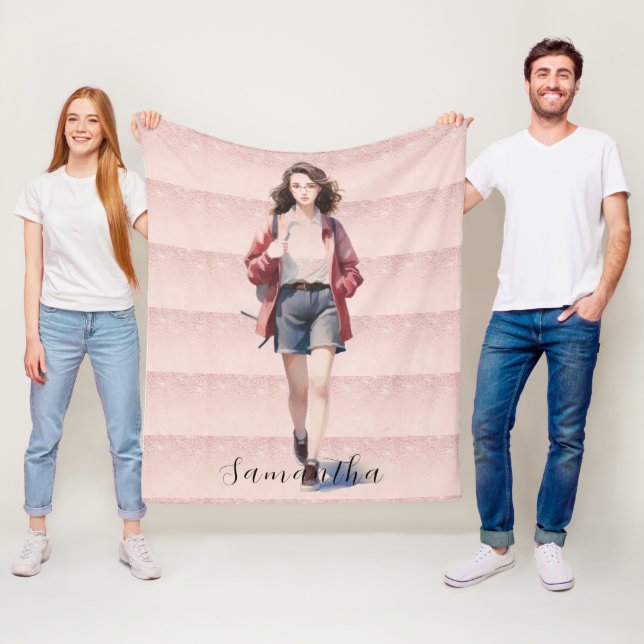Personalized blush pink girly college girl fleece blanket (In Situ)