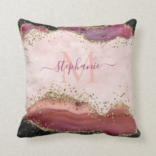 Personalized Blush Pink Gold Glitter Girly Agate Throw Pillow