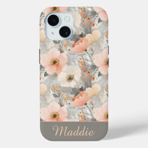 Personalized Blush Pink & Grey Watercolor Floral iPhone 15 Case