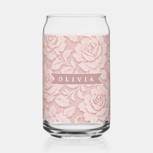 Personalized Blush Pink Lace Floral Romantic Can Glass