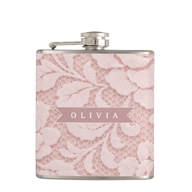 Personalized Blush Pink Lace Floral Romantic Hip Flask (Front)