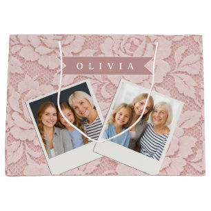 Personalized Blush Pink Lace Floral Romantic Large Gift Bag