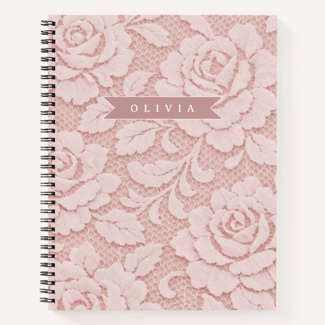 Personalized Blush Pink Lace Floral Romantic Notebook (Front)