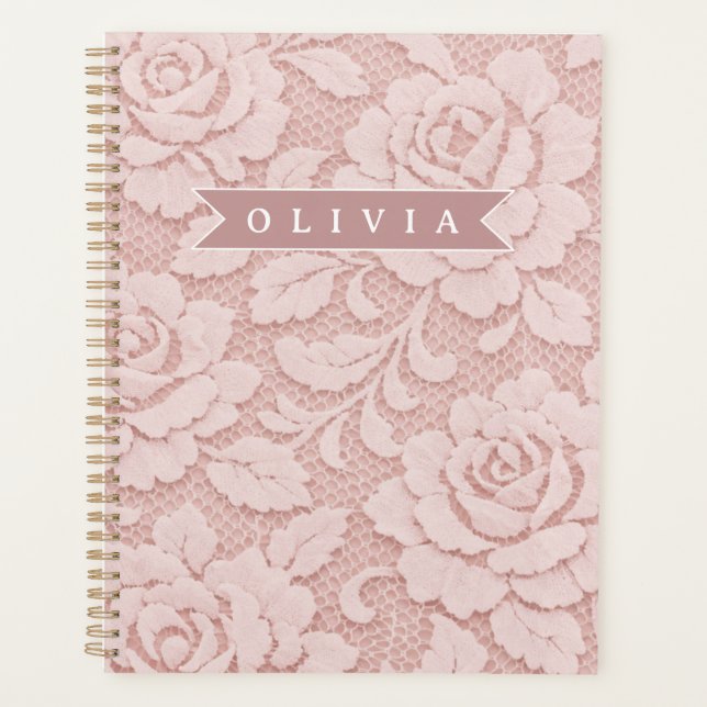 Personalized Blush Pink Lace Floral Romantic Planner (Front)