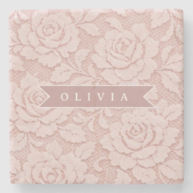Personalized Blush Pink Lace Floral Romantic Stone Coaster (Front)