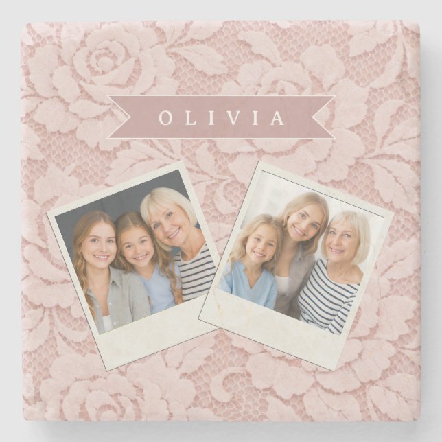 Personalized Blush Pink Lace Floral Romantic Stone Coaster (Front)