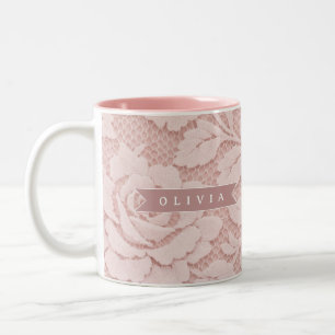 Personalized Blush Pink Lace Floral Romantic Two-Tone Coffee Mug