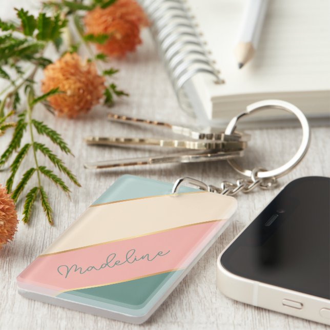 Personalized Blush Pink Mint Green Ivory Stripes Keychain (Front Right)