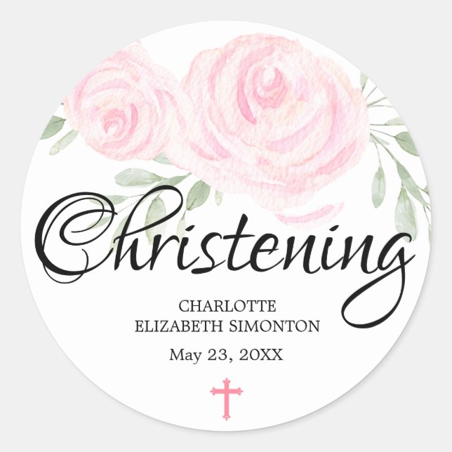 Personalized Blush Pink Rose and Cross Christening Classic Round Sticker (Front)