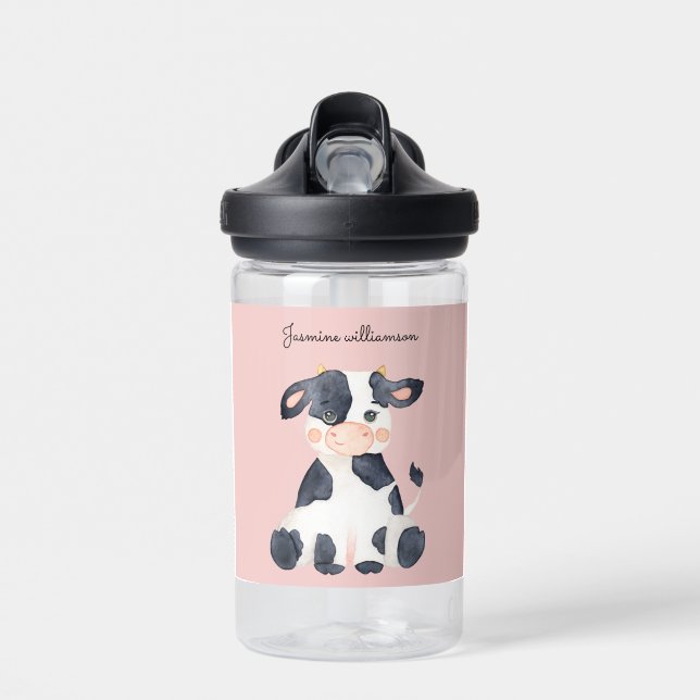  Personalized blush pink trendy watercolor cow Water Bottle (Front)