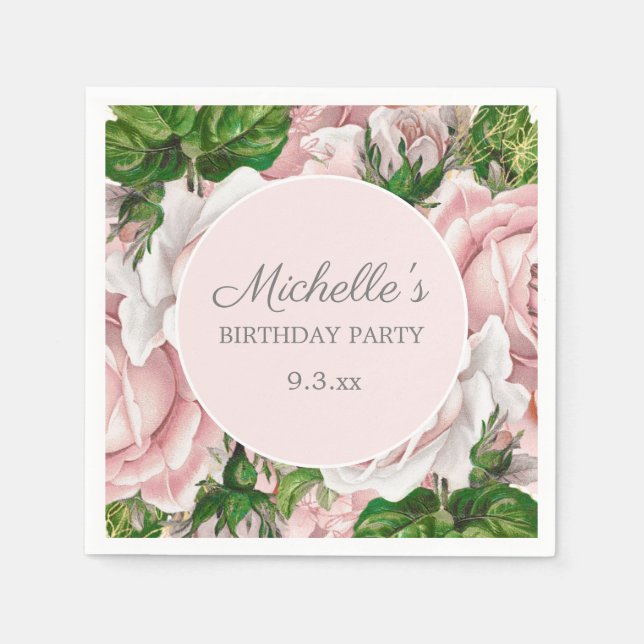 Personalized Blush Pink Watercolor Floral Birthday Napkin (Front)