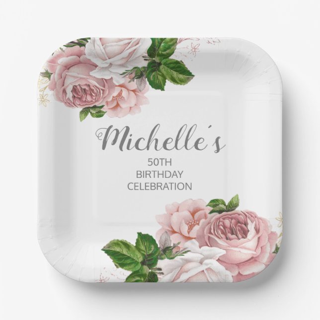 Personalized Blush Pink Watercolor Floral Birthday Paper Plate (Front)