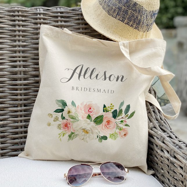 Personalized blush watercolor floral bridesmaid tote bag (Creator Uploaded)