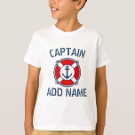 Personalized boat captain nautical kid's t shirt<br><div class="desc">Personalized boat captain name t shirts for kids. Nautical children's clothing with navy blue ship anchor, ring buoy and custom name or monogram initial letters. Maritime Birthday party gift idea for sailor son or daughter. Make your own for skipper grandson, son, nephew, cousin, niece, friends etc. Vintage typography with boat...</div>