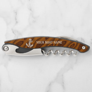 Personalized Boat Name Anchor Wood Grain Pattern Corkscrew