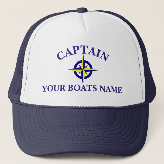 Personalized boat name ships compass captains trucker hat (Front)
