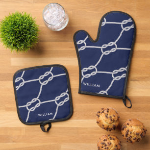 Personalized Boating Rope Nautical Navy Blue Oven Mitt & Pot Holder Set