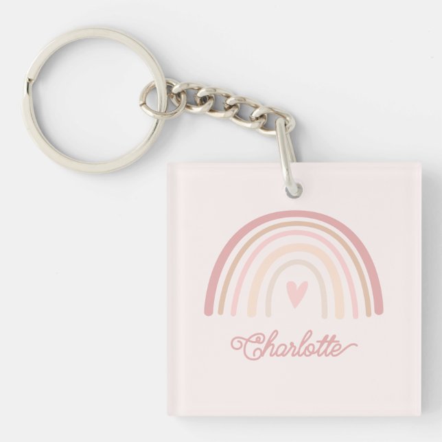 Personalized Boho Beige Blush Rainbow Keychain (Front)