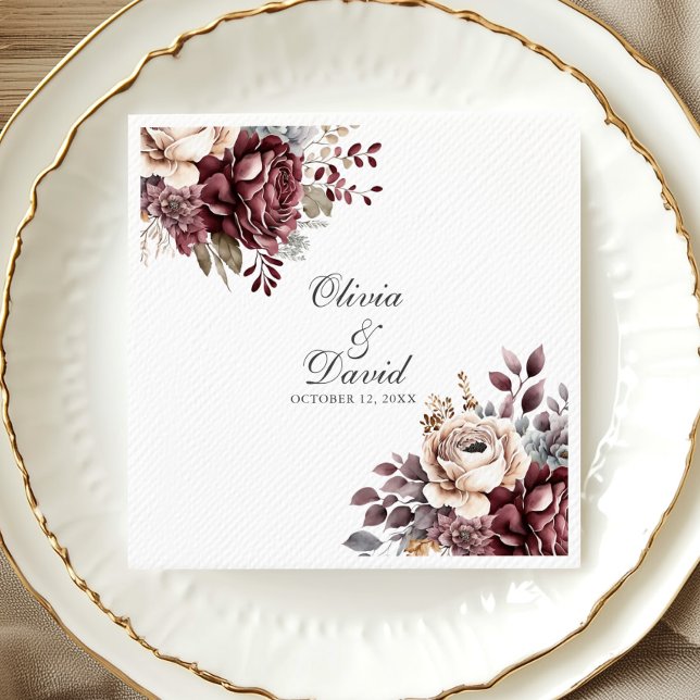 Personalized Boho Burgundy Floral Wedding  Napkin (Personalized Boho Burgundy Floral Wedding Napkins in an elegant white and gold porcelain plate.)
