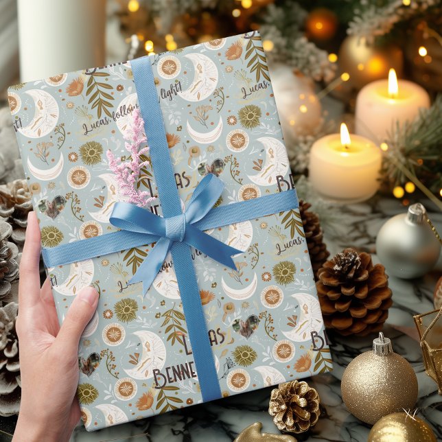 Personalized Boho Celestial Moon & Stars Pattern Wrapping Paper (Creator Uploaded)